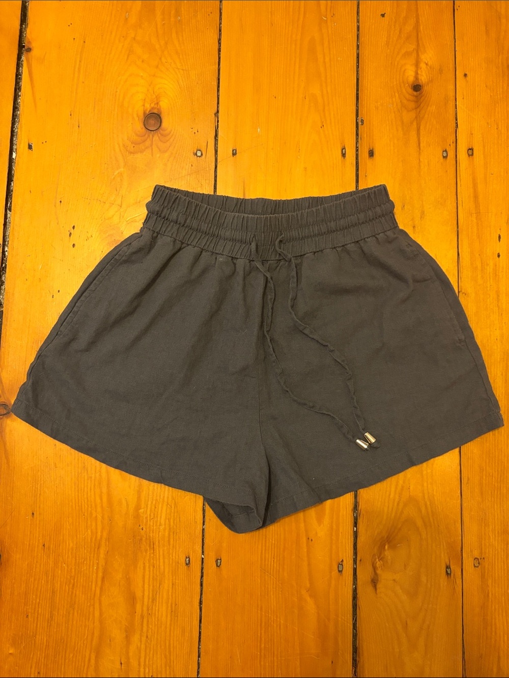 Zara High-Waist Elastic Drawstring Shorts - Charcoal Gray linen with pockets